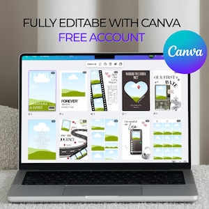 Puede incluir: Un port&aacute;til que muestra la interfaz de Canva con varias plantillas de dise&ntilde;o. La pantalla muestra plantillas con texto como "Anastasia & James", "Forever" y "Our First Date". El texto "FULLY EDITABLE WITH CANVA" y "FREE ACCOUNT" es visible.