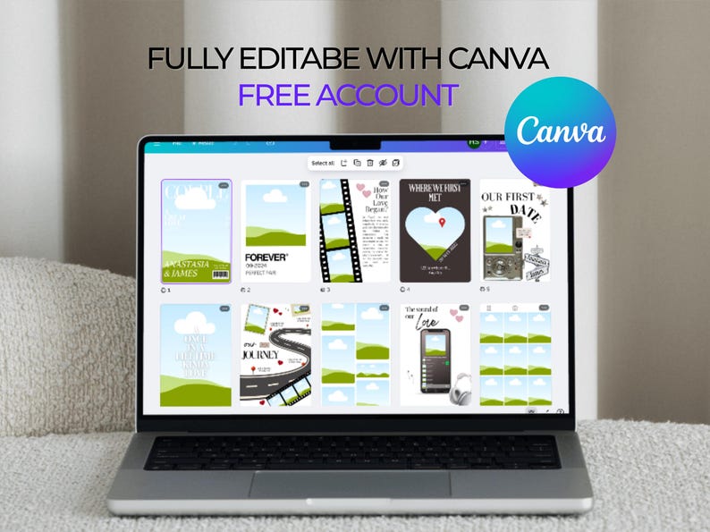 Puede incluir: Un port&aacute;til que muestra la interfaz de Canva con varias plantillas de dise&ntilde;o. La pantalla muestra plantillas con texto como "Anastasia & James", "Forever" y "Our First Date". El texto "FULLY EDITABLE WITH CANVA" y "FREE ACCOUNT" es visible.