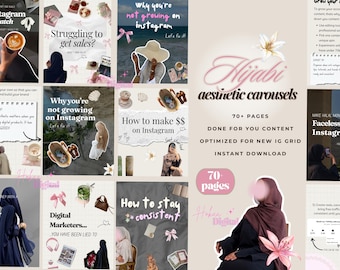 70+ gezichtsloze esthetische Instagram-carrouselsjablonen met hijabi | Digitale marketingrollen voor 'Done-For-You' | Canvas | GRATIS anonieme bonussen