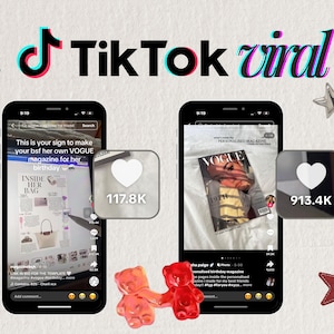 以下が含まれることがあります： 2つのスマートフォンでTikTokの動画を表示。1つは雑誌と「VOGUE」の文字、もう1つは「INSIDE HER BAG」の文字が表示されています。画像には「TikTok viral」の文字、ハートのアイコン、装飾用の星とグミベアが含まれています。