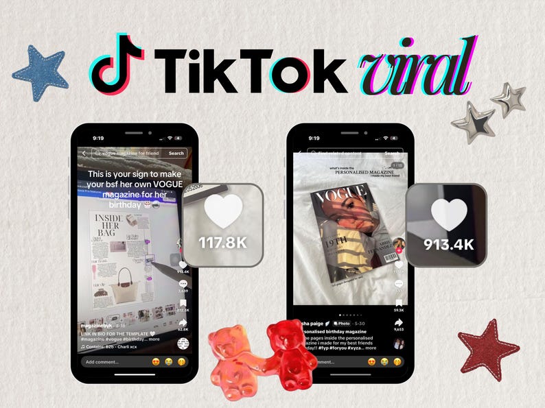 以下が含まれることがあります： 2つのスマートフォンでTikTokの動画を表示。1つは雑誌と「VOGUE」の文字、もう1つは「INSIDE HER BAG」の文字が表示されています。画像には「TikTok viral」の文字、ハートのアイコン、装飾用の星とグミベアが含まれています。