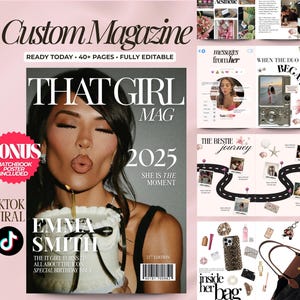 以下が含まれることがあります： 「THAT GIRL MAG 2025」と題された雑誌の表紙には、ケーキのろうそくを吹き消す女性が描かれています。「messages from her」や「inside her bag」などのコンテンツも掲載。ボーナスとしてマッチブックポスターが付属しています。