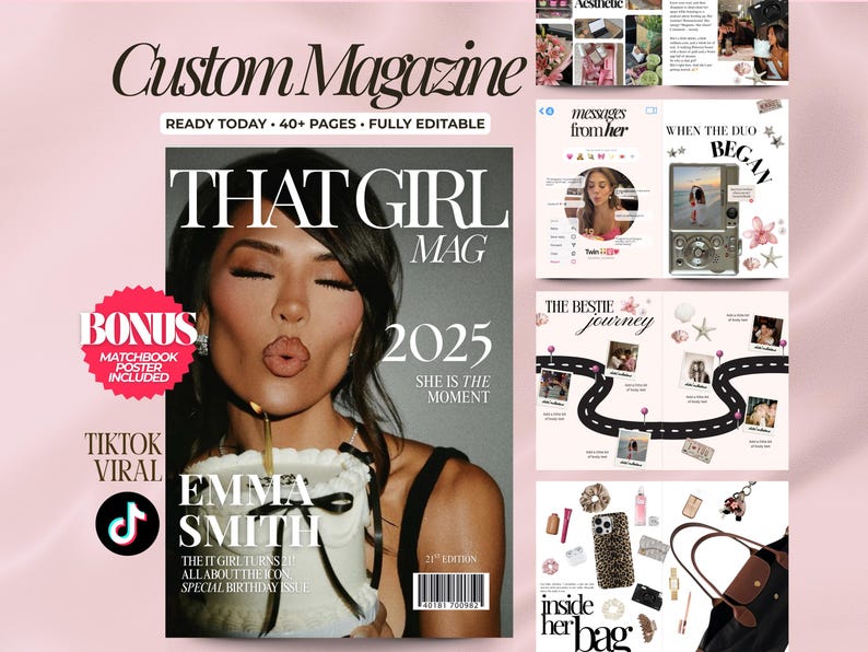 以下が含まれることがあります： 「THAT GIRL MAG 2025」と題された雑誌の表紙には、ケーキのろうそくを吹き消す女性が描かれています。「messages from her」や「inside her bag」などのコンテンツも掲載。ボーナスとしてマッチブックポスターが付属しています。