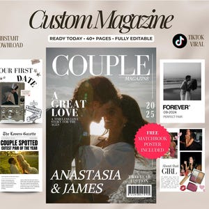 Puede incluir: Una plantilla de revista digital con tem&aacute;tica rom&aacute;ntica. La portada presenta a una pareja bes&aacute;ndose, con el texto "COUPLE MAGAZINE" y "A GREAT LOVE". P&aacute;ginas adicionales incluyen fotos, texto y los nombres "Anastasia & James".