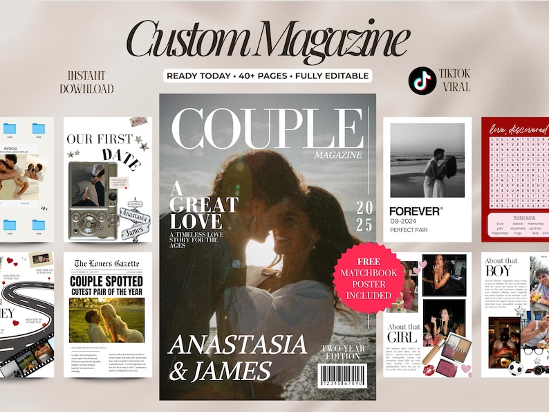 Puede incluir: Una plantilla de revista digital con tem&aacute;tica rom&aacute;ntica. La portada presenta a una pareja bes&aacute;ndose, con el texto "COUPLE MAGAZINE" y "A GREAT LOVE". P&aacute;ginas adicionales incluyen fotos, texto y los nombres "Anastasia & James".