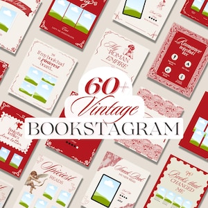 May include: A selection of red and cream Bookstagram templates with diverse designs. The templates include text such as "Current Read," "Romance," and "Book Haul Reveal." The central text reads "60+ Vintage BOOKSTAGRAM."