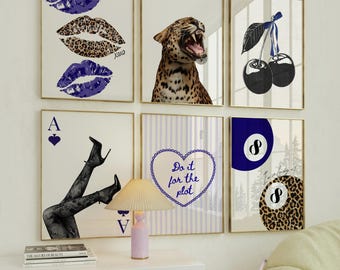 Navy Blue Cheetah Gallery Wall, Pack of 6 Retro y2k Leopard Poster Bundle, Aesthetic Dorm Room Decor, Girly Wall Art, Digital Download