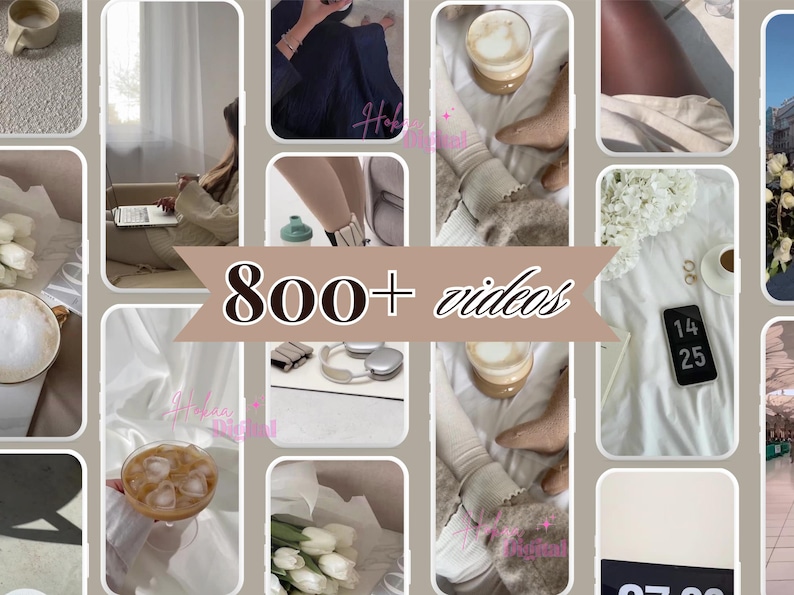 May include: A collage of images featuring a variety of lifestyle and aesthetic themes. The images include coffee, flowers, clothing, and technology. The text "800+ videos" is displayed in the centre of the collage.