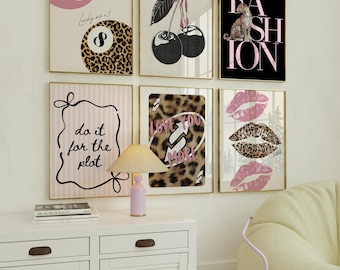 Y2k Pink Cheetah Gallery Wall, Pack of 6 Retro Girly Leopard Poster Bundle, Aesthetic Dorm Room Decor, Girly Wall Art, Digital Download