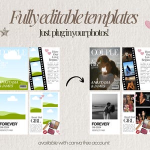 Puede incluir: Imagen promocional que muestra plantillas totalmente editables. El dise&ntilde;o presenta dise&ntilde;os de estilo revista con el texto "COUPLE" y "FOREVER", junto con "ANASTASIA & JAMES" y "About that GIRL". La imagen incluye corazones, estrellas y maquillaje.