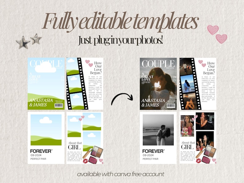 Puede incluir: Imagen promocional que muestra plantillas totalmente editables. El dise&ntilde;o presenta dise&ntilde;os de estilo revista con el texto "COUPLE" y "FOREVER", junto con "ANASTASIA & JAMES" y "About that GIRL". La imagen incluye corazones, estrellas y maquillaje.
