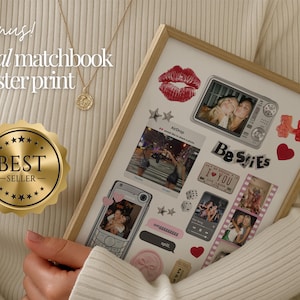 以下が含まれることがあります： 木製のフレームに入ったポスタープリント。赤い唇のプリント、レトロスタイルのカメラ、「Besties」の文字など、さまざまなステッカーや画像が特徴です。プリントには「Bonus! viral matchbook poster print」の文字も含まれています。