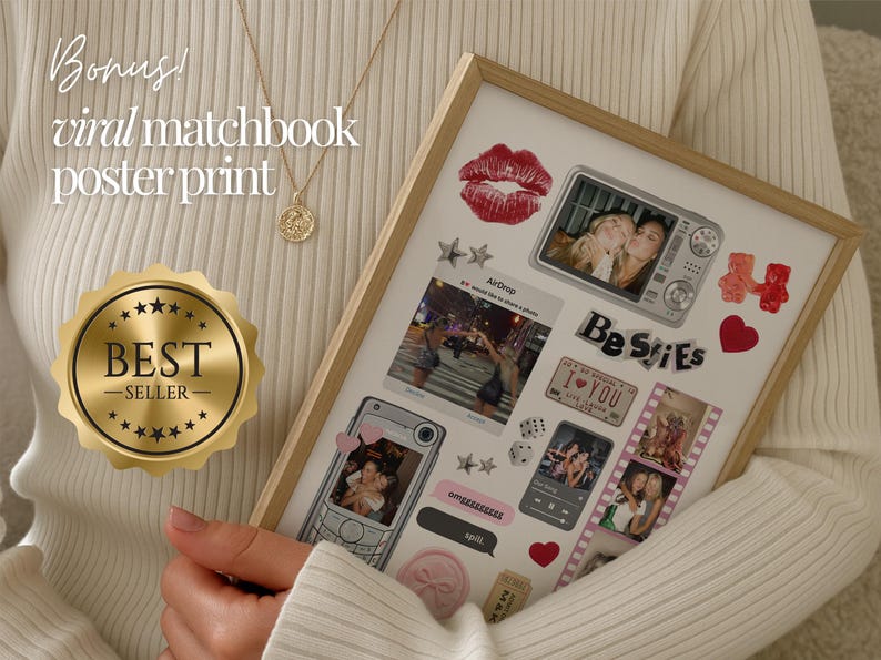以下が含まれることがあります： 木製のフレームに入ったポスタープリント。赤い唇のプリント、レトロスタイルのカメラ、「Besties」の文字など、さまざまなステッカーや画像が特徴です。プリントには「Bonus! viral matchbook poster print」の文字も含まれています。