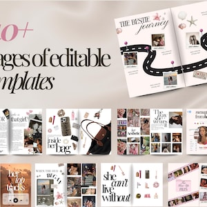 以下が含まれることがあります： 「40+ ページ編集可能なテンプレート」というテキストが入ったジャーナルのレイアウト。ジャーナルのページには、「The Bestie Journey」、「Inside Her Bag」、「She Can't Live Without」など、さまざまなデザインが掲載されています。カラーパレットはピンク、黒、白です。