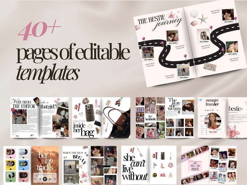 以下が含まれることがあります： 「40+ ページ編集可能なテンプレート」というテキストが入ったジャーナルのレイアウト。ジャーナルのページには、「The Bestie Journey」、「Inside Her Bag」、「She Can't Live Without」など、さまざまなデザインが掲載されています。カラーパレットはピンク、黒、白です。