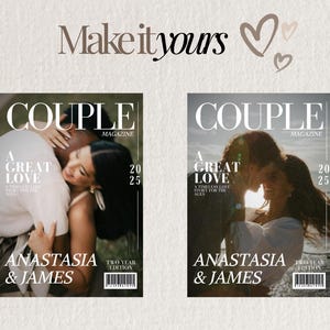 Puede incluir: Dos portadas de revista con la palabra &laquo;COUPLE&raquo; en la parte superior. Las portadas presentan im&aacute;genes de parejas abraz&aacute;ndose. El texto incluye &laquo;A Great Love&raquo;, &laquo;Anastasia & James&raquo; y &laquo;Two Year Edition&raquo;.