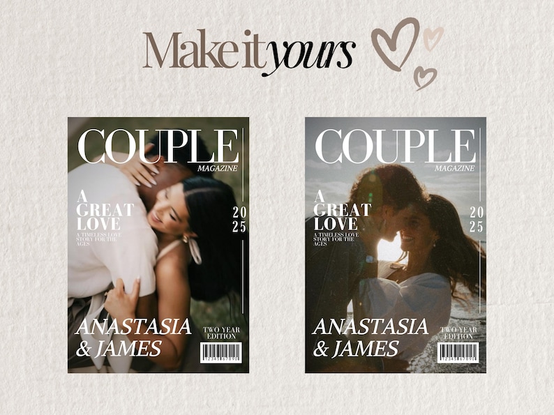 Puede incluir: Dos portadas de revista con la palabra &laquo;COUPLE&raquo; en la parte superior. Las portadas presentan im&aacute;genes de parejas abraz&aacute;ndose. El texto incluye &laquo;A Great Love&raquo;, &laquo;Anastasia & James&raquo; y &laquo;Two Year Edition&raquo;.