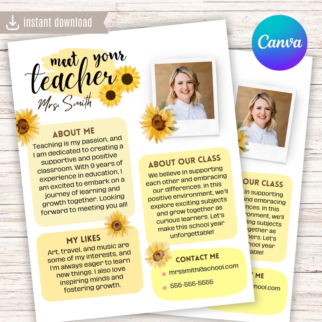 Meet the Teacher Editable Sunflower Themed Template, Teacher Finds ...