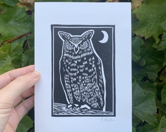 Great Horned Owl 5x7 Hand-Printed Block Print