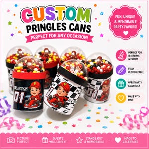 May include: Custom Pringles cans featuring a cartoon race car driver character named Elios with the number 01. The cans have clear domed lids filled with red, yellow, and black beads, and are decorated with checkered flag patterns and text.