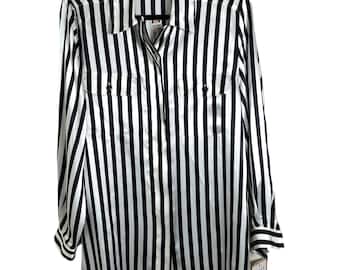 Vintage Leslie Fay Schwarz / Weiß Gestreifte Button Up Bluse Größe 12 Whimsygoth Neu mit Etikett