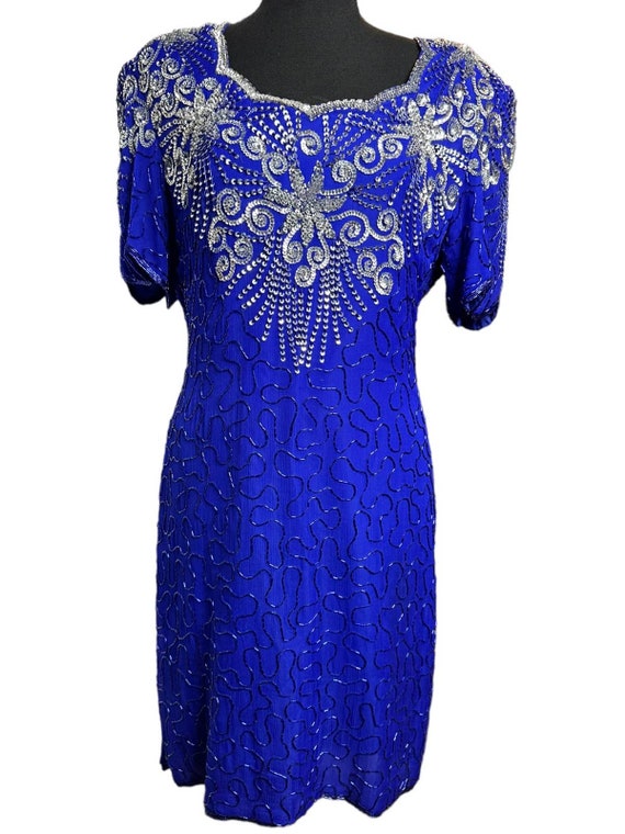 80s Royal Blue Formal Dress With Silver Sequins A… - image 1