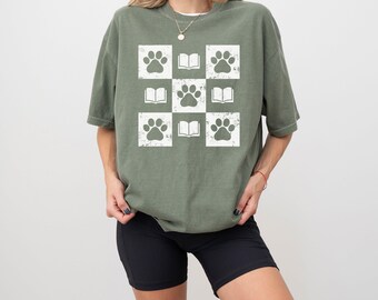 Dogs and Books Footprint Comfort Colors® Shirt, Paws Books T-Shirt, Books And Dogs Mom Shirt, Animal Paw Print TShirt, Dog Lover Gift