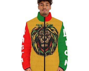 Rasta Lion Puffer Jacket, Stand-Up Collar, Lightweight