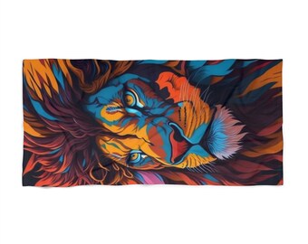 May include: A colorful illustration of a lion's face with a blue, orange, and yellow mane. The lion's eyes are open and staring directly at the viewer.