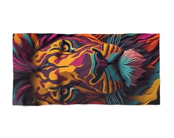 May include: A colorful abstract illustration of a lion's face. The lion's fur is depicted in shades of yellow, orange, pink, purple, blue, and green. The lion's eyes are large and expressive, and its nose is prominent.