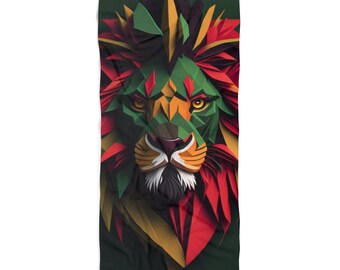 May include: A geometric lion's face with a green, red, and yellow color scheme. The lion's mane is made up of triangles and the lion's eyes are yellow.