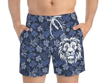 Trendy Minimalist Hawaiian Swimming Trunks with White Lion Head | Summer Shorts For Him