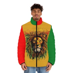 Rasta-Jacke, Rasta-Kleidung, Pufferjacke, König der Könige, Geschenk für Sie, bestes Geschenk, Geschenke für Ihn, Geschenke für Freund, Herrenbekleidung