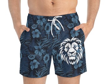 Trendy Minimalist Hawaiian Swimming Trunks with White Lion Head | Summer Shorts For Him
