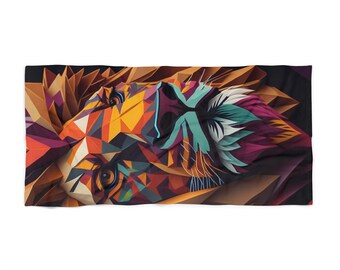 May include: A geometric abstract illustration of a lion's face in shades of orange, yellow, red, purple, blue, and green. The lion's face is rendered in a low-poly style, with sharp angles and edges.