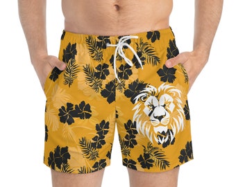 Trendy Minimalist Hawaiian Swimming Trunks with White Lion Head | Summer Shorts For Him