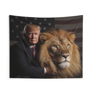 トランプライオン壁掛けタペストリー、愛国的な室内装飾、政治的なアート装飾、米国大統領ライオン肖像画、アメリカ国旗寮タペストリー、共和党