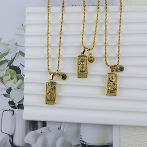 Personalized Gold Tarot Card Necklace,Spiritual Meaningful Charm with Birthstone, Astrology Necklace - Gifts For Her