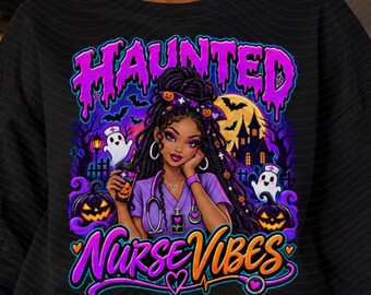 Nawiedzona pielęgniarka PNG, fioletowa grafika pielęgniarki na Halloween, upiorna sublimacja RN (pobieranie cyfrowe)