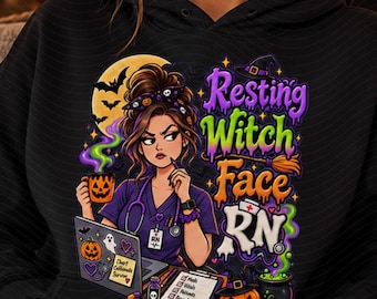Odpoczywająca Twarz Wiedźmy Rn Png, Zabawna Pielęgniarka Halloween Png, Projekt Sublimacji Pielęgniarki Wiedźmy, Upiorna Koszulka Rn do Pobrania Cyfrowego