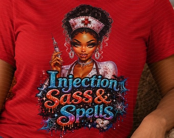 Injection Sass & Spells Halloween Nurse PNG, Upiorny projekt sublimacji pielęgniarki, Zabawna koszulka pielęgniarki PNG, Medyczny Halloween PNG, Użytek komercyjny