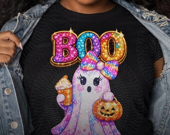Glitter Ghost Halloween PNG, Rainbow Bow, Pumpkin Candy, Boo Graphic (Digital Download)