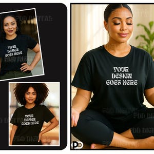 May include: A black t-shirt with the text "YOUR DESIGN GOES HERE" printed in white. The shirt is being worn by a person sitting in a yoga pose.