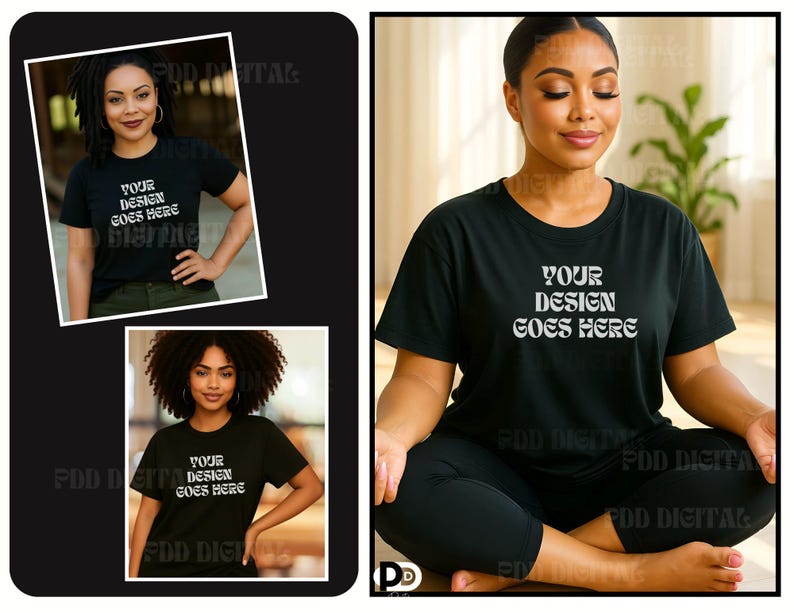 May include: A black t-shirt with the text "YOUR DESIGN GOES HERE" printed in white. The shirt is being worn by a person sitting in a yoga pose.