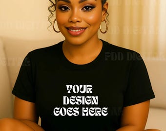 Black Bella+Canvas 3001 T-Shirt Mockup: Black Woman Model (JPG Digital Download)