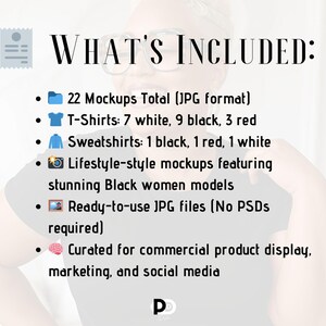 May include: A graphic outlining the contents of a mockup set for product display. The graphic lists the different types of mockups included in the set, such as t-shirts, sweatshirts, and lifestyle mockups. The graphic also states that the mockups are ready-to-use JPG files and are curated for commercial product display, marketing, and social media.