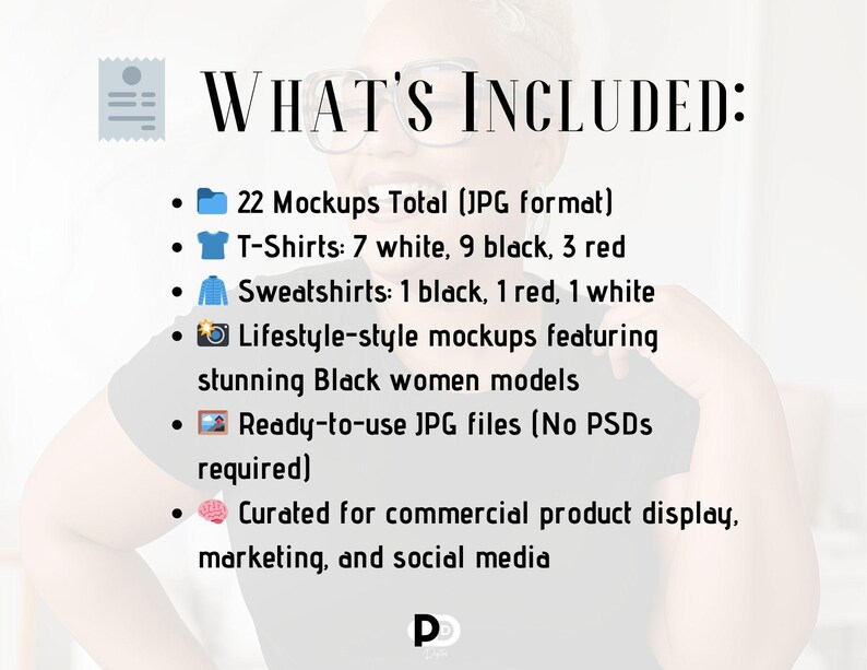 May include: A graphic outlining the contents of a mockup set for product display. The graphic lists the different types of mockups included in the set, such as t-shirts, sweatshirts, and lifestyle mockups. The graphic also states that the mockups are ready-to-use JPG files and are curated for commercial product display, marketing, and social media.