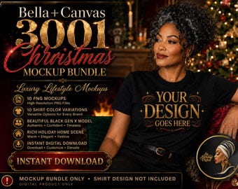 Bella Canvas 3001 Christmas Mockup, Black Gen X Model Lifestyle PNG (Digital Download)
