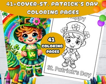 May include: A coloring book featuring 41 St. Patrick's Day coloring pages. The cover features a cartoon illustration of a leprechaun holding a mug of beer. The text "41+COVER-ST. PATRICK'S DAY COLORING PAGES" is at the top of the cover.