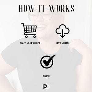 May include: How it works: Place your order, download, and enjoy. A black and white illustration of a shopping trolley, a cloud with a downward arrow, and a tick inside a circle.
